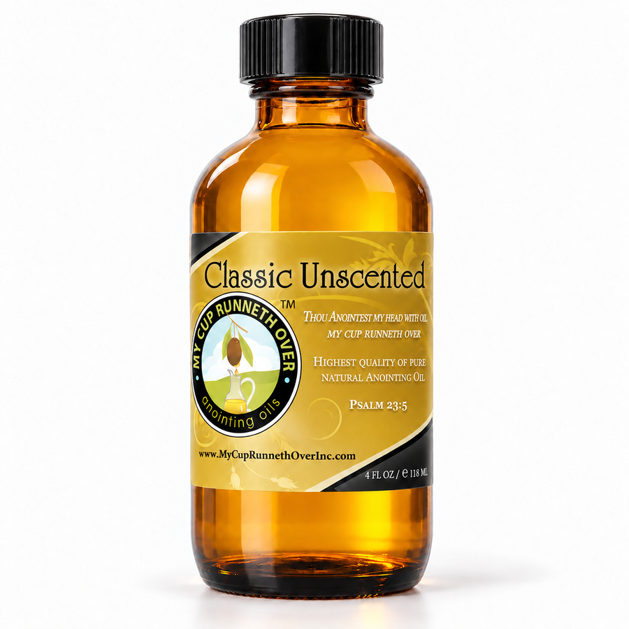 Classic Unscented Anointing Oil, 4 oz amber glass bottle with gold label and Psalm 23:5, by My Cup Runneth Over