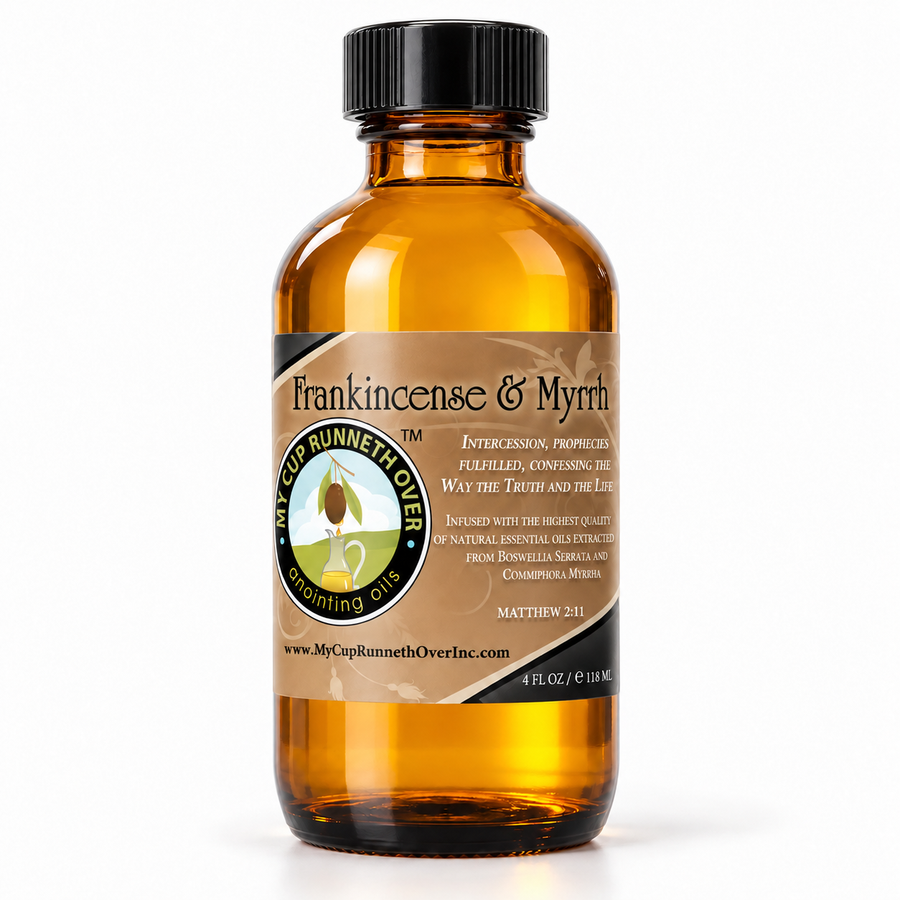 Frankincense & Myrrh Anointing Oil, 4 oz amber glass bottle with Matthew 2:11 label, by My Cup Runneth Over