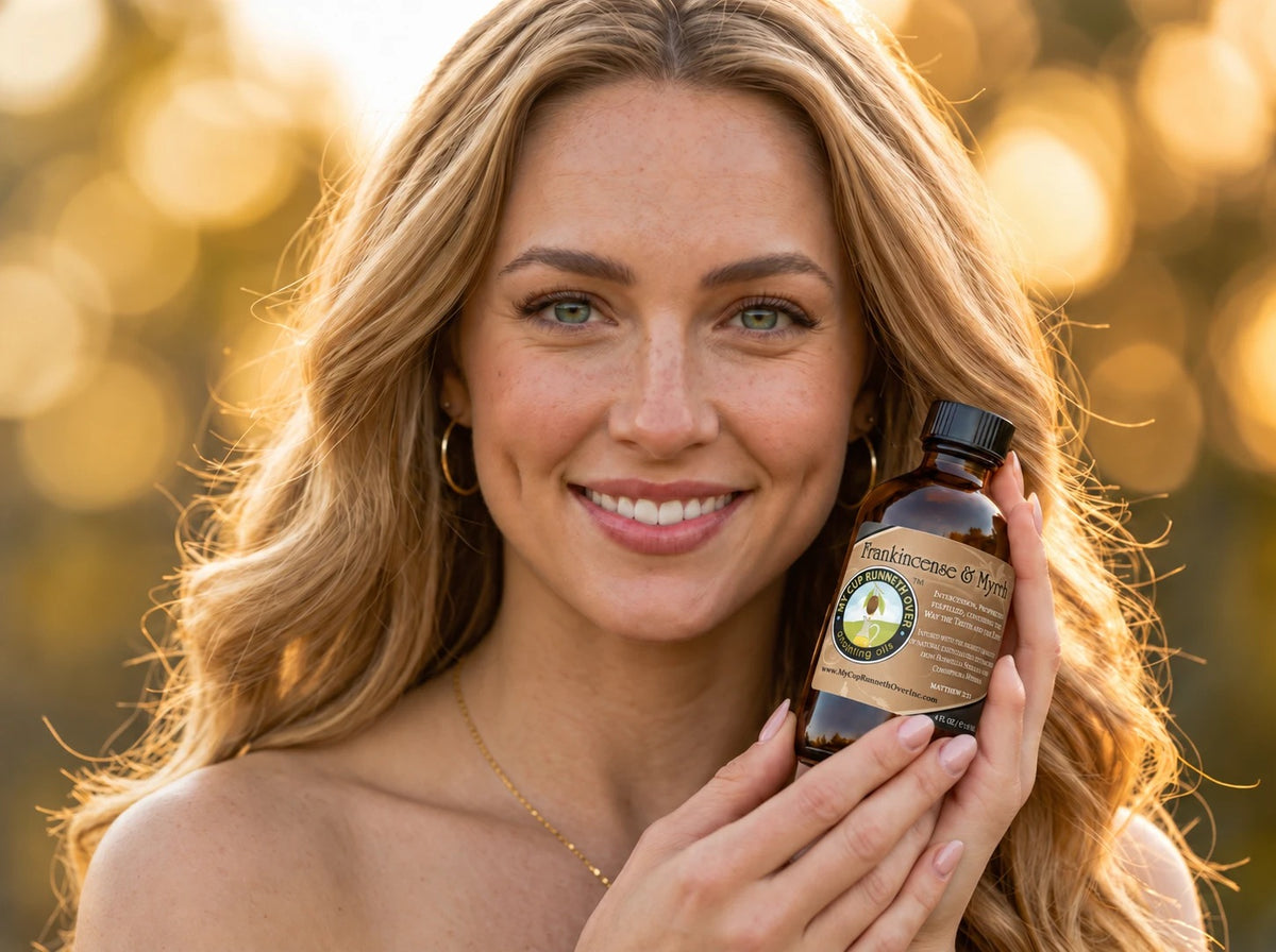 A smiling woman holding a 4 oz bottle of My Cup Runneth Over Frankincense & Myrrh anointing oil