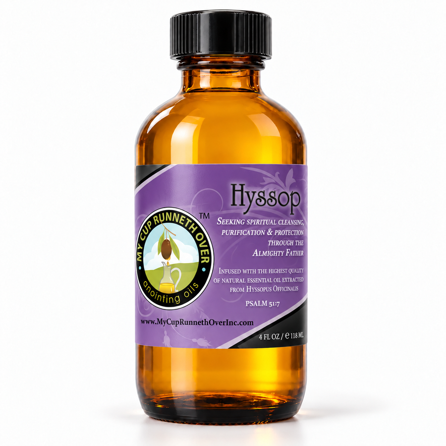 Hyssop Anointing Oil, 4 oz amber glass bottle with purple Psalm 51:7 label, by My Cup Runneth Over