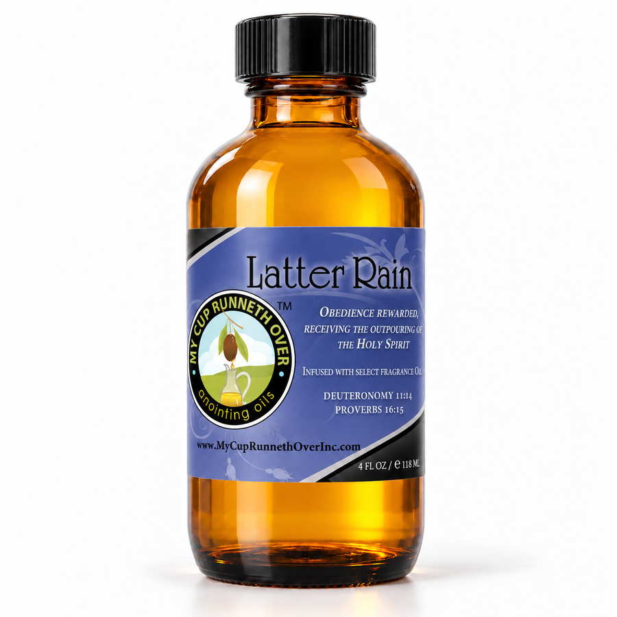 Latter Rain Anointing Oil, 4 oz amber glass bottle with blue Deuteronomy 11:14 label, by My Cup Runneth Over