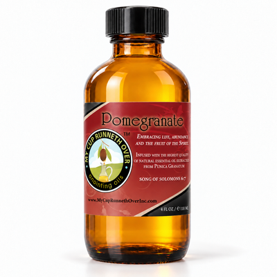 Pomegranate Anointing Oil, 4 oz amber glass bottle with red Song of Solomon 6:7 label, by My Cup Runneth Over