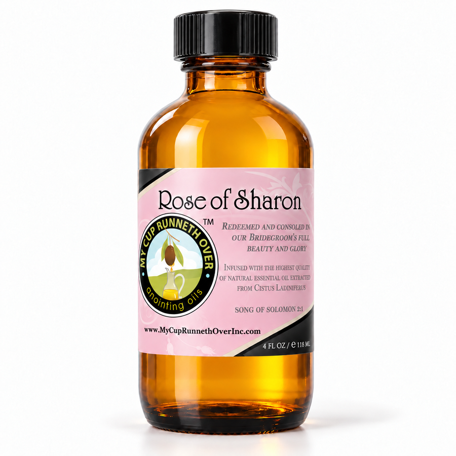 Rose of Sharon Anointing Oil, 4 oz amber glass bottle with pink Song of Solomon 2:1 label, by My Cup Runneth Over