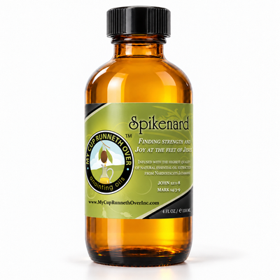 Spikenard Anointing Oil, 4 oz amber glass bottle with green John 12:1-8 label, by My Cup Runneth Over