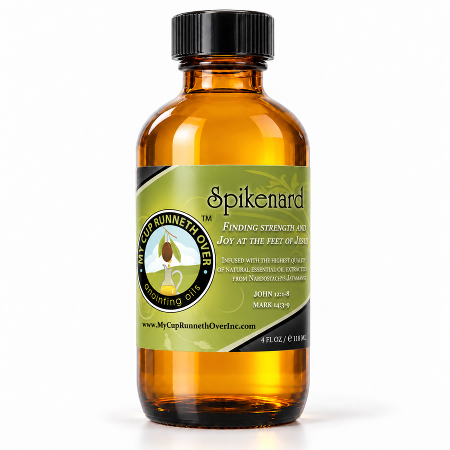 Spikenard Anointing Oil, 4 oz amber glass bottle with green John 12:1-8 label, by My Cup Runneth Over